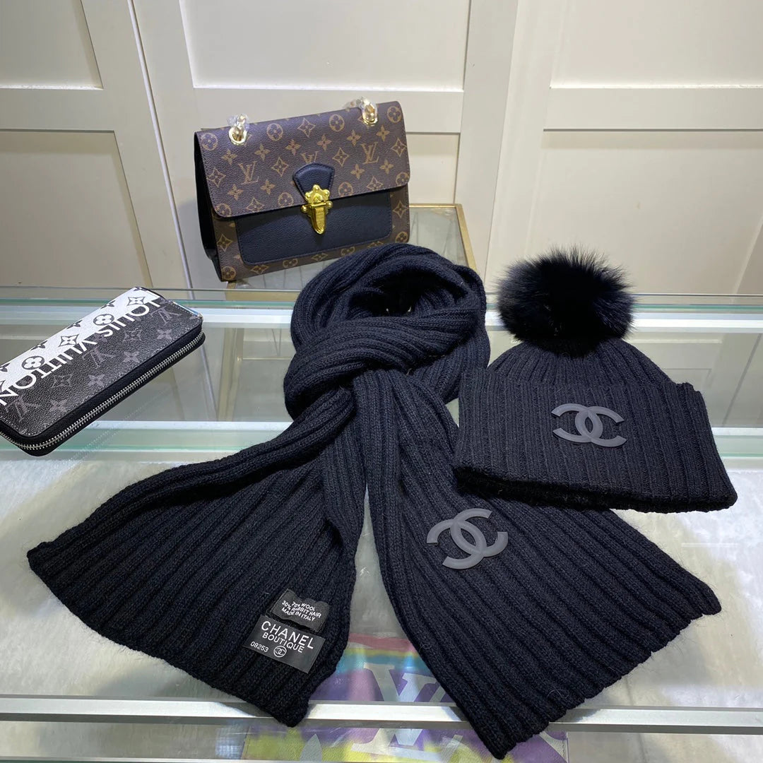 Temperament Knitted Vertical Scarf Hat Set